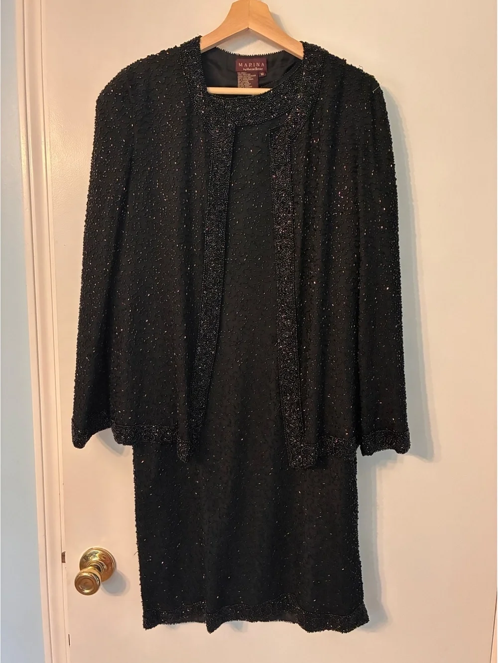 Vintage Black Silk Beaded Dress Jacket Set Size M Evening Formal